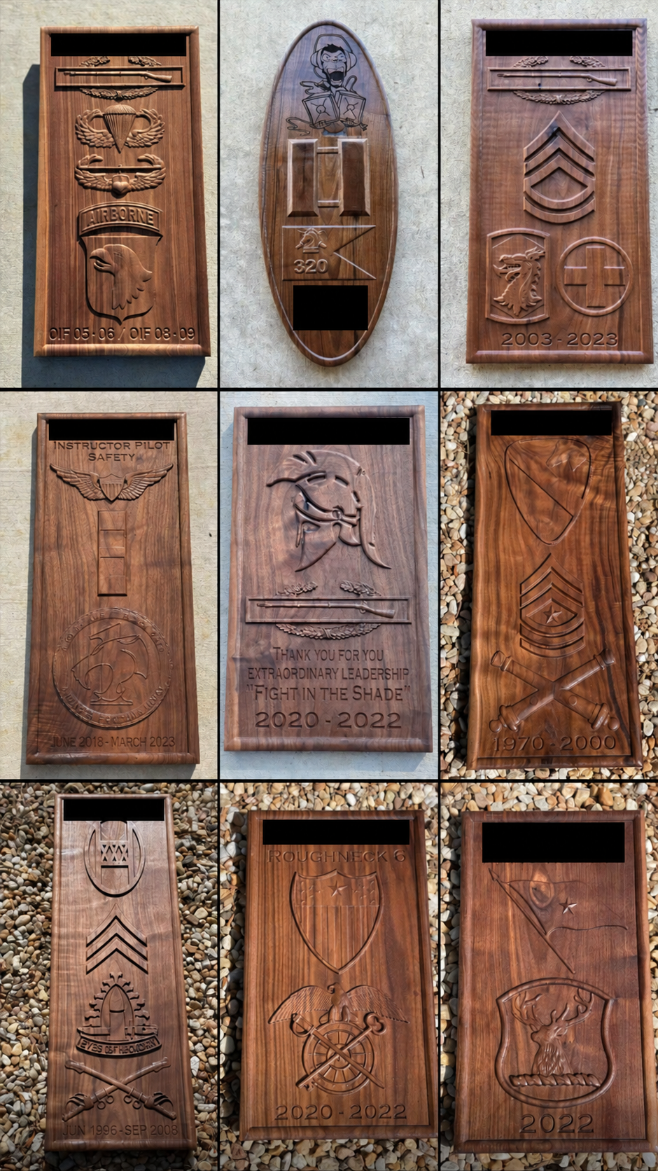 Nine completed custom plaques with personal names hidden